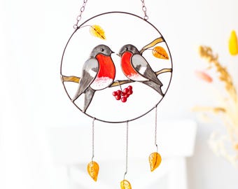 Sun catcher Bullfinch Blue Jay Chickadee Cardinal Stained glass window hangings Fused glass Birds Bird art Unique gift Outdoor and Garden