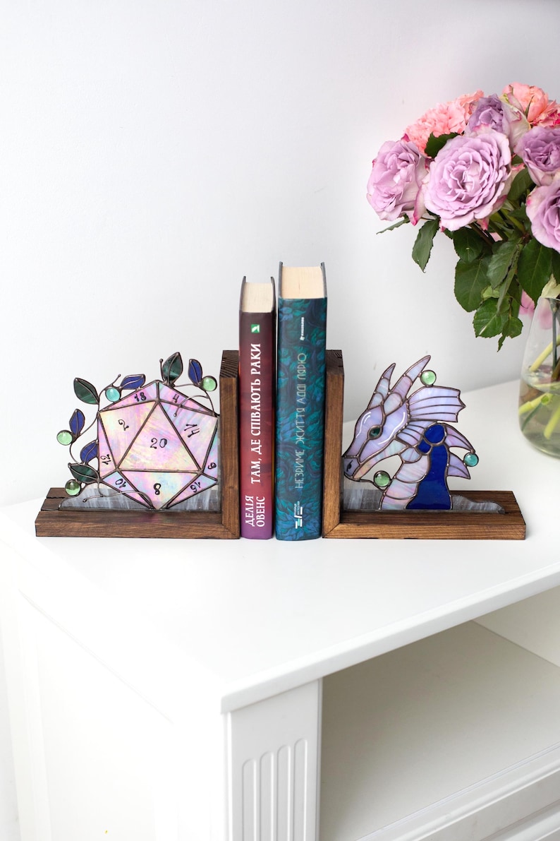 Dragon bookends Stained Glass Book ends Unique bookends Home decoration Sun catcher Handmade Stained glass art Shelf decor image 8