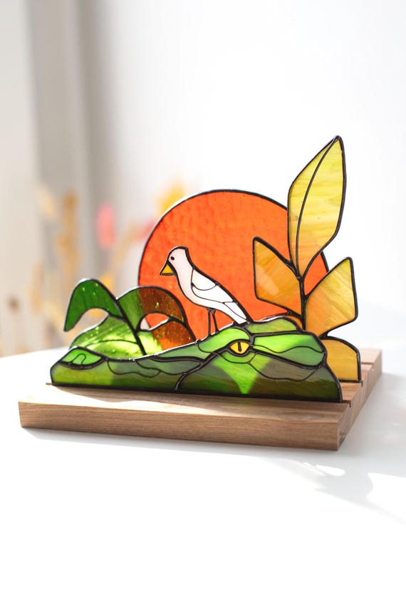 Alligator - Stained glass - Reptile decor - Bird art - leaves - Monstera - Colorful home decor - Stained glass art - Unique gift - Sunset -
