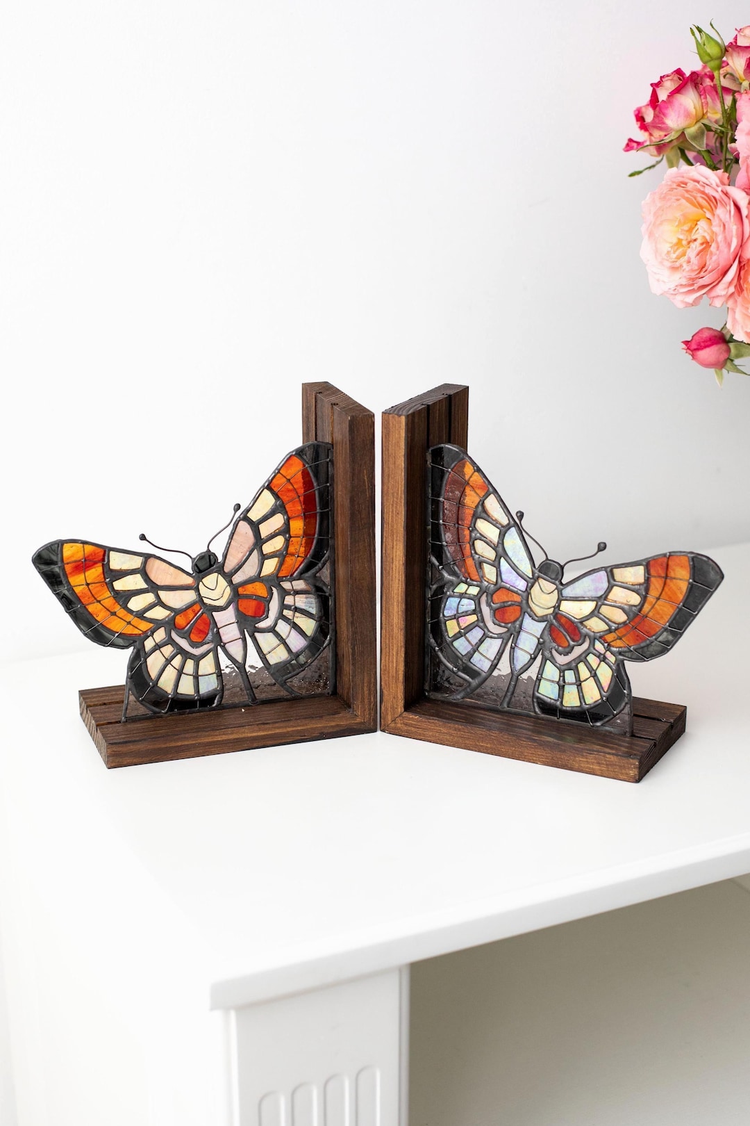 Book ends Stained glass Butterfly Book nook Unique bookends Home decoration Sun catcher Handmade Gifts for readers Mothers day gift - Butterfly 1 brown