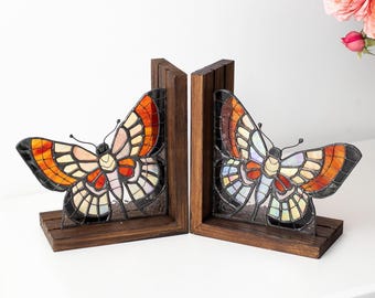 Book ends Stained glass Butterfly Book nook Unique bookends Home decoration Sun catcher Handmade Gifts for readers Mothers day gift