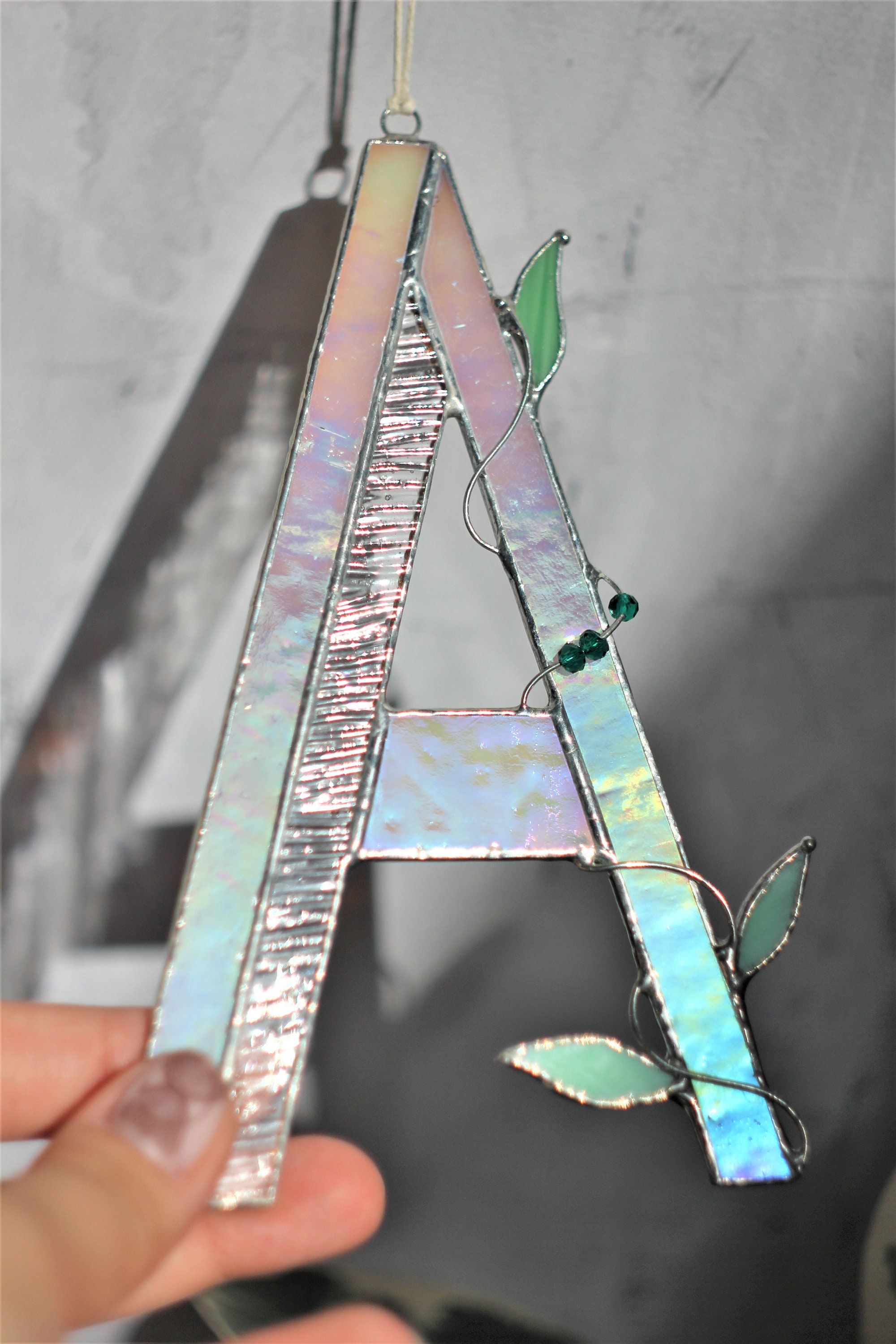 Stained glass letters custom Pink with leaves Author's Etsy