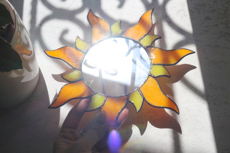 Stained glass sun mirror Room decor Author's handmade home decor Mirror sun Stain glass moon decor Wall art decor image 5