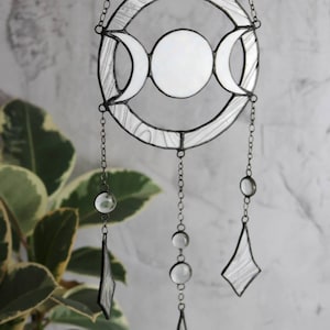 Dreamcatcher moon phases stained glass Suncatcher Wall decor for room Hand made gift White