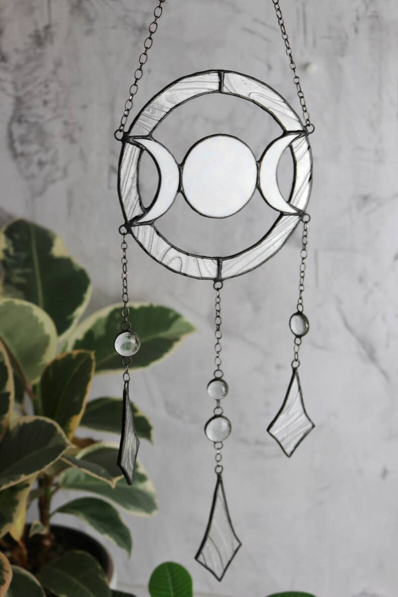 Dreamcatcher moon phases stained glass Suncatcher Wall decor for room Hand made gift White