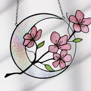 Suncatcher crescent moon with sakura Stained glass Wall room decor moon Home decor panel Flower decor Mothers day gift idea