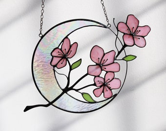 Suncatcher crescent moon with sakura Stained glass Wall room decor moon Home decor panel Flower decor Mothers day gift idea