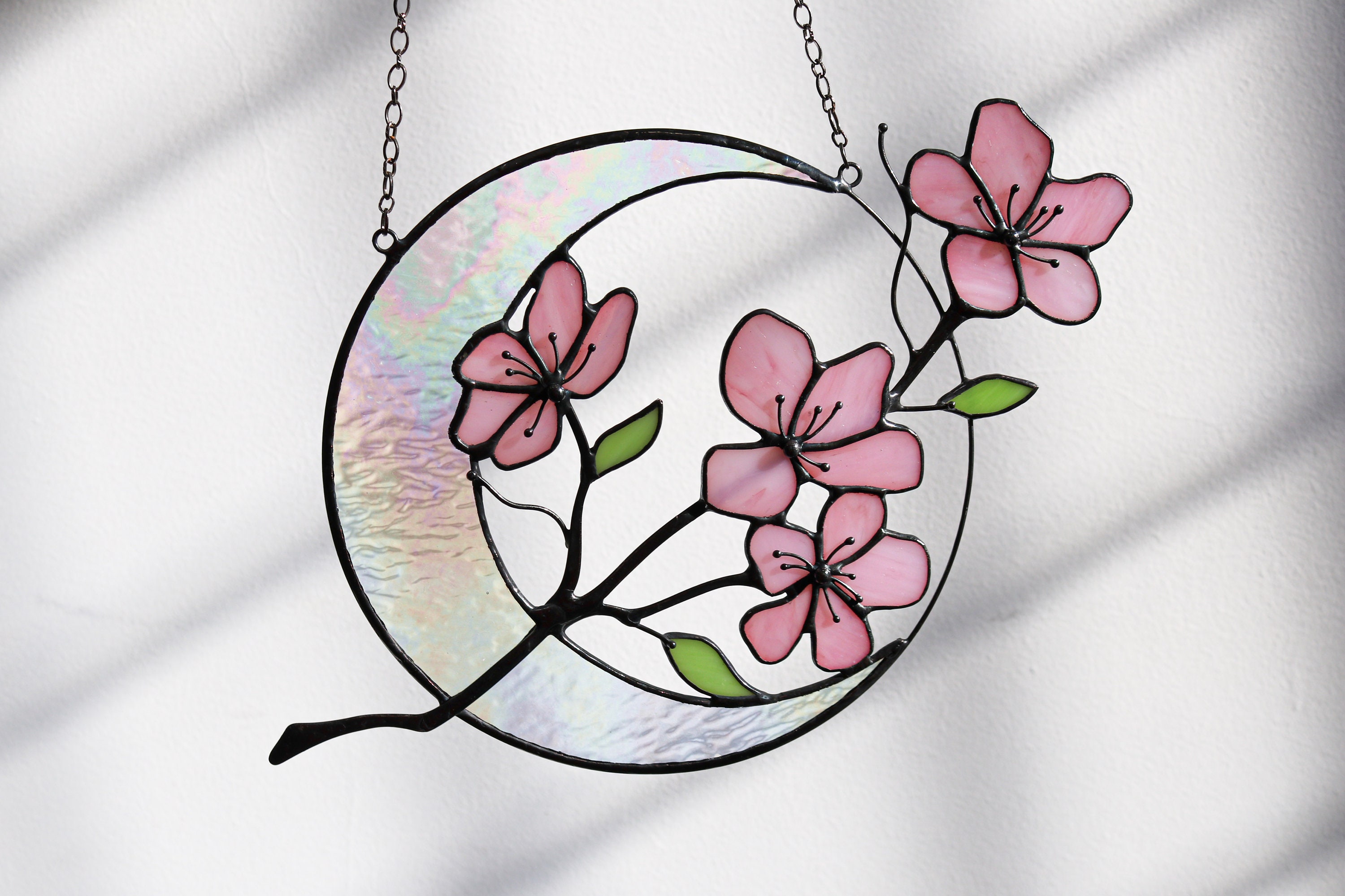 Suncatcher crescent moon with sakura Stained glass Wall room decor moon Home decor panel Flower decor Mothers day gift idea
