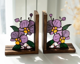 Bookends Orchid Stained glass Book holder Flowers Bookshelf decor Unique bookends Mothers day gift Flower