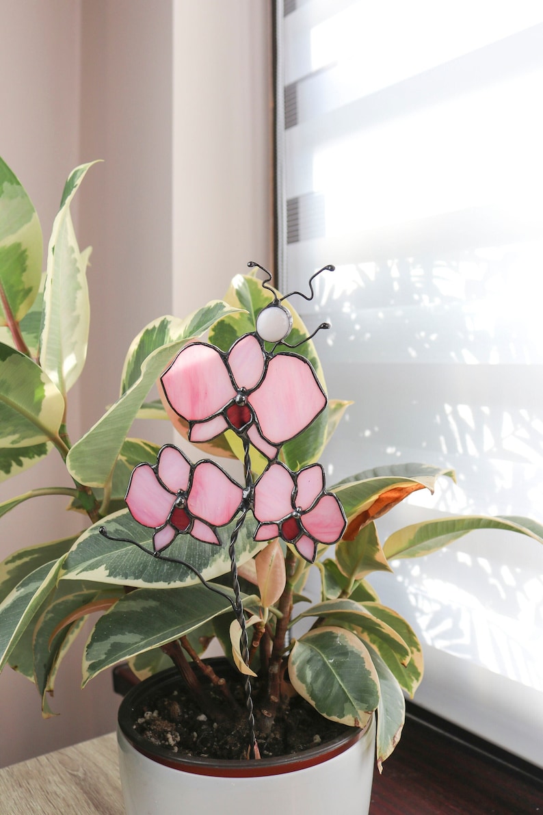 K&ouml;nnte beinhalten: Eine rosafarbene Orchideenbl&uuml;te aus Glasmalerei mit einer wei&szlig;en Perle am Stiel. Die Orchidee wird in einer Topfpflanze ausgestellt.