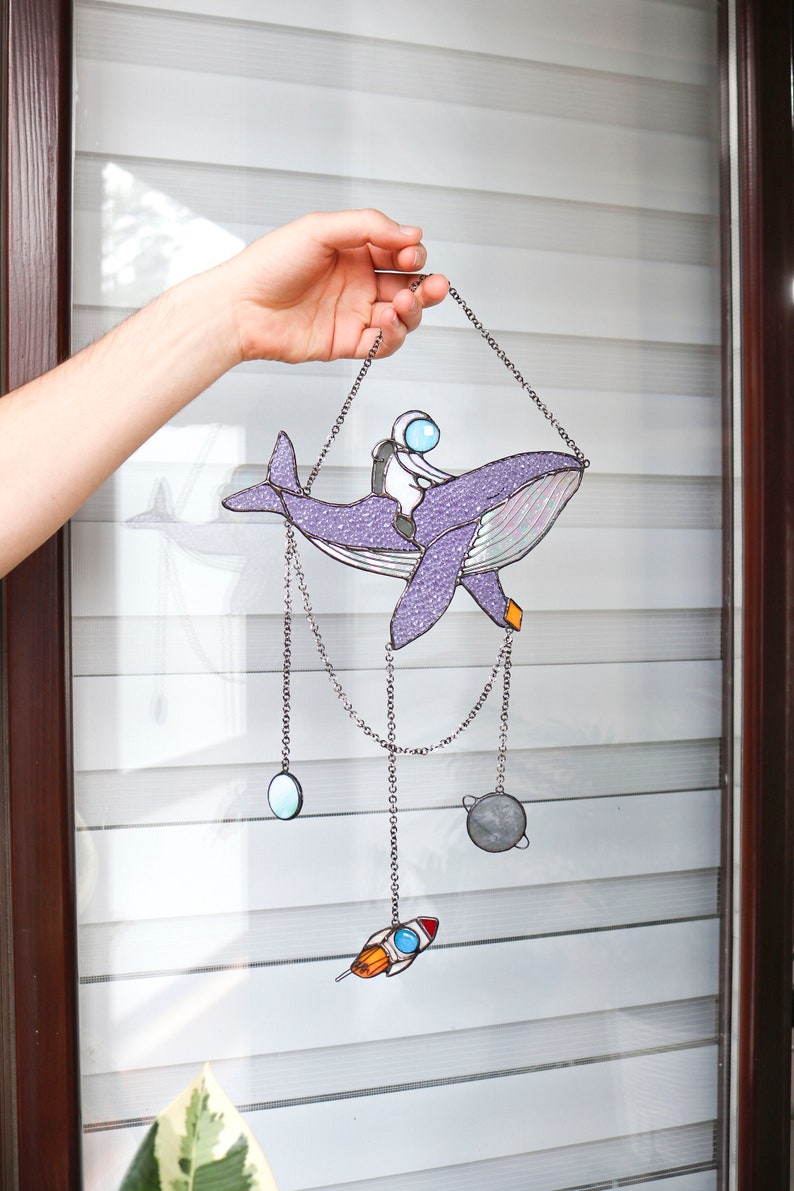 Art astronaut and whale Sun catcher Dreamcatcher space decor Saturn display panel Wall art decor Funny home decor Window hangings decor image 10