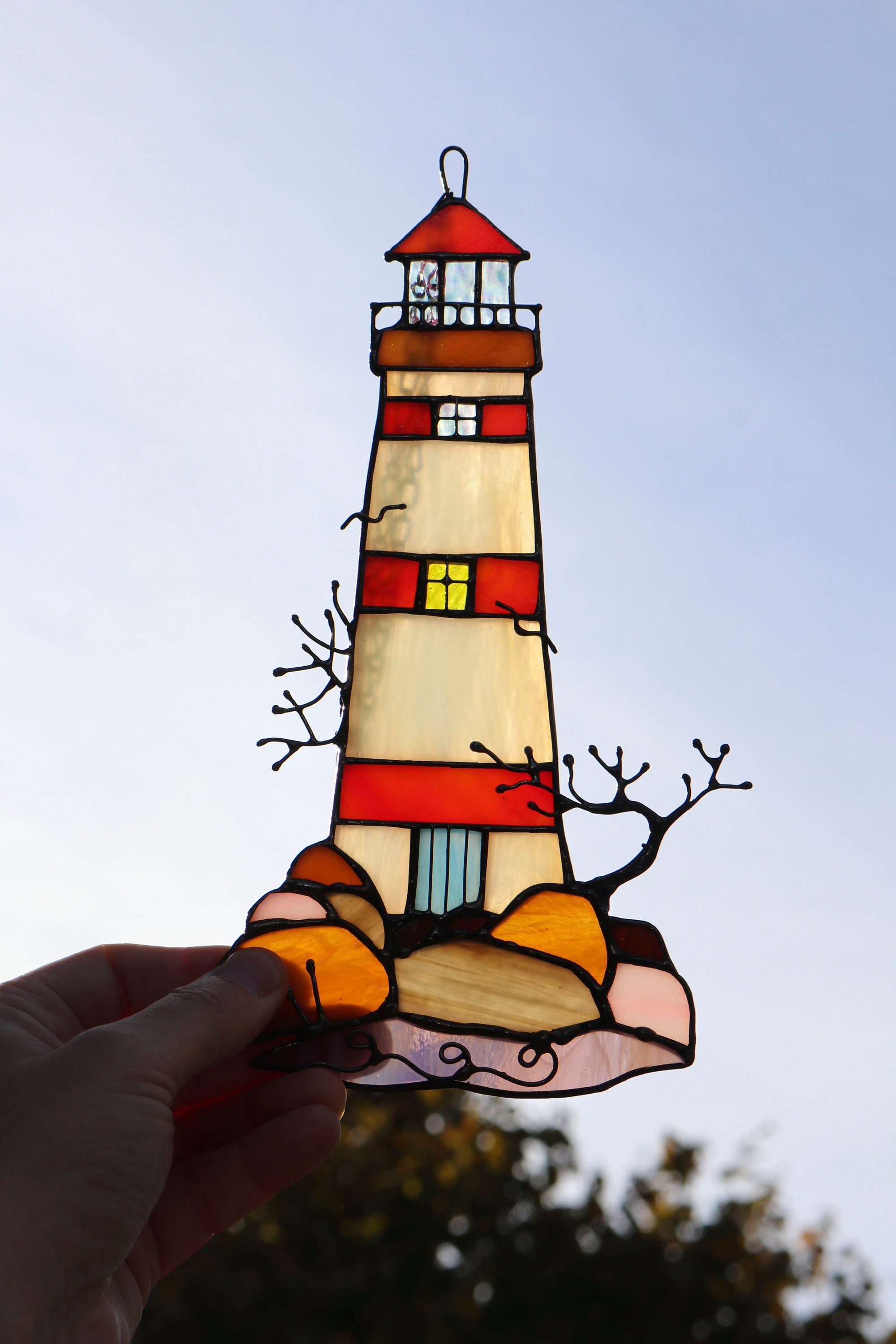 Suncatcher Lighthouse Stained Glass Window Panel Wall Art Etsy