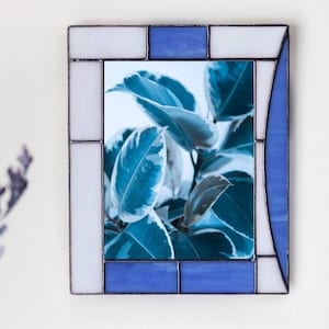 Stained glass photo frame blue color Bright stylish rectangular shape Author's design Photo frame on the wall Wall decor Father gift