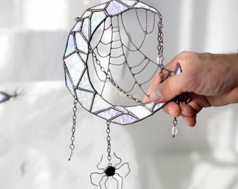 Dreamcatcher Moon with web and spider Gothic decor Halloween Spider web Stained glass Suncatcher Stain glass window hangings