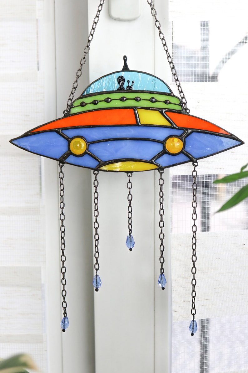 Dreamcatcher UFO Stained glass decor Suncatcher UFO Window panel Wall decor for a room UFO Art Cosmos art Unique decor Blue