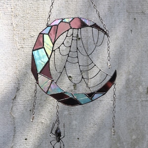 Dreamcatcher Moon with web and spider Gothic decor Halloween Spider web Stained glass Suncatcher Stain glass window hangings