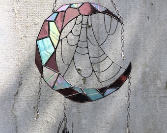 Dreamcatcher Moon with web and spider Gothic decor Halloween Spider web Stained glass Suncatcher Stain glass window hangings