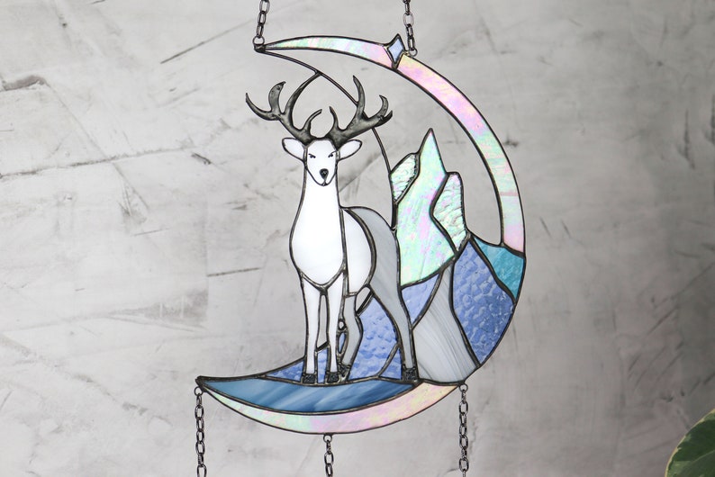 Suncatcher deer in mountains Dreamcatcher Stained glass panel Window Sun catcher animal Deer Christmas ornament Hanging wall Art image 10