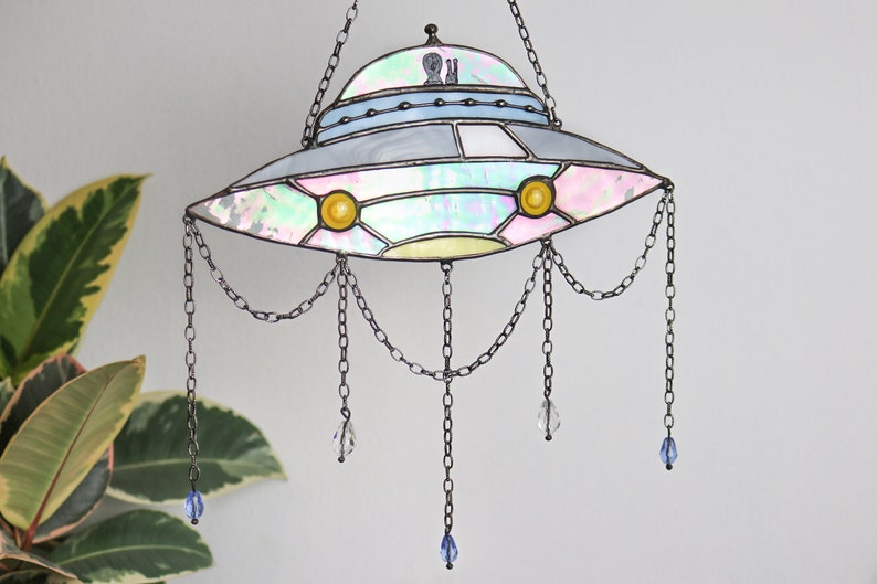 Dreamcatcher UFO Stained glass decor Suncatcher UFO Window panel Wall decor for a room UFO Art Cosmos art Unique decor image 1