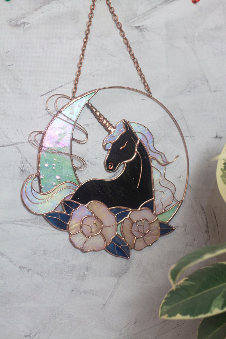 Suncatcher Unicorn Rose Moon Decor Stained Glass Wall Room Etsy