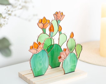 Gebrandschilderd glas Сactus Sun catcher Vetplanten Cactussen Uniek interieur Boekenplank decor Cactuskunst Glaskunst Cadeaus voor vrienden Suncatchers