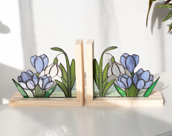 Stained glass Crocuses Narcissus Book ends Snowdrops Bookshelf decor Sun catcher Handmade Gifts for readers Mothers day gift Bookend