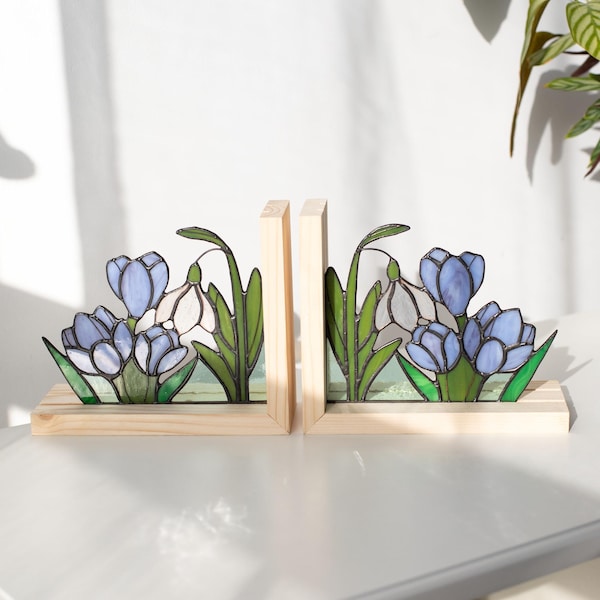Stained glass Crocuses Narcissus Book ends Snowdrops Bookshelf decor Sun catcher Handmade Gifts for readers Mothers day gift Bookend
