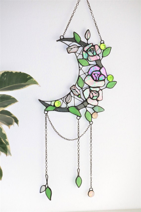 Dreamcatcher crescent moon with rose Stained glass rose Suncatcher rose Suncatcher moon Wall art decor for room Hand made gifts for her