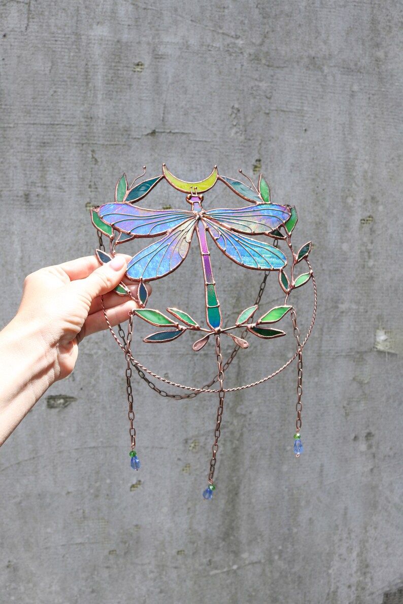 Suncatcher Dragonfly with moon and leaves Dreamcatcher Stained glass Window hangings Wall art decor Hand made Glass garden decor image 8