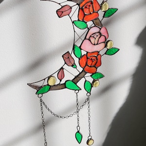 Dreamcatcher crescent moon with rose Stained glass rose Suncatcher rose Suncatcher moon Wall art decor for room Hand made gifts for her Orange