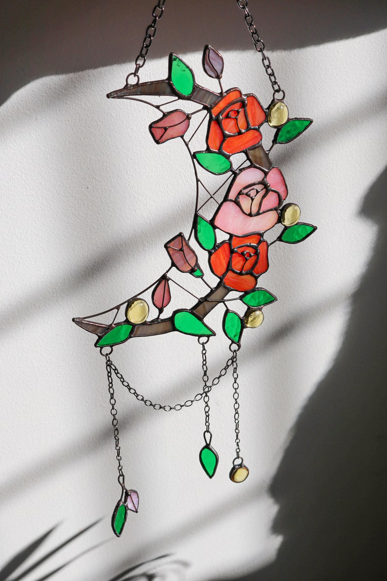 Dreamcatcher crescent moon with rose Stained glass rose Suncatcher rose Suncatcher moon Wall art decor for room Hand made gifts for her Orange