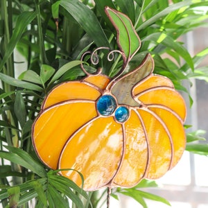 Plant stale Orange pumpkin Stained glass Suncatcher for garden Decor for flowerpot Garden Halloween decor Gifts for gardeners image 9