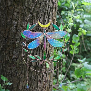 Suncatcher Dragonfly with moon and leaves Dreamcatcher Stained glass Window hangings Wall art decor Hand made Glass garden decor image 9