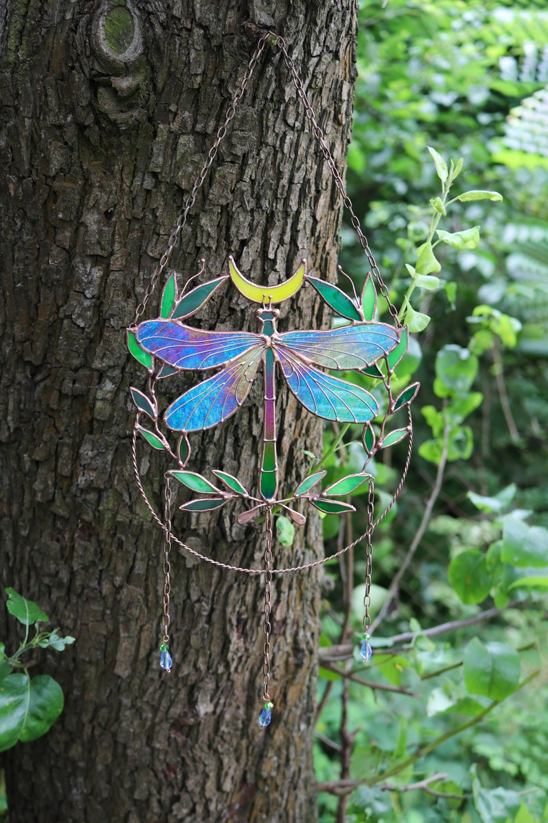 Suncatcher Dragonfly with moon and leaves Dreamcatcher Stained glass Window hangings Wall art decor Hand made Glass garden decor image 9