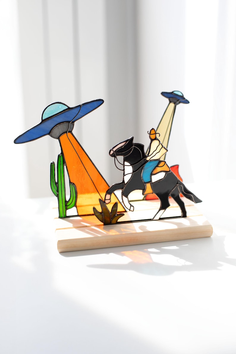 Stained Glass Cowboy Ufo Horse Alien Cactus Sun catcher Western decor Cowboy art Gifts for friends Western art Shelf decor Unique home decor