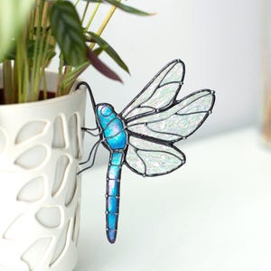 Puede incluir: Una estaca decorativa de libélula para plantas. La libélula presenta un cuerpo azul y alas iridiscentes con contornos negros. Está unida a una estaca de metal negro, diseñada para colocarse en una maceta. La libélula está junto a una maceta de cerámica blanca con una planta.