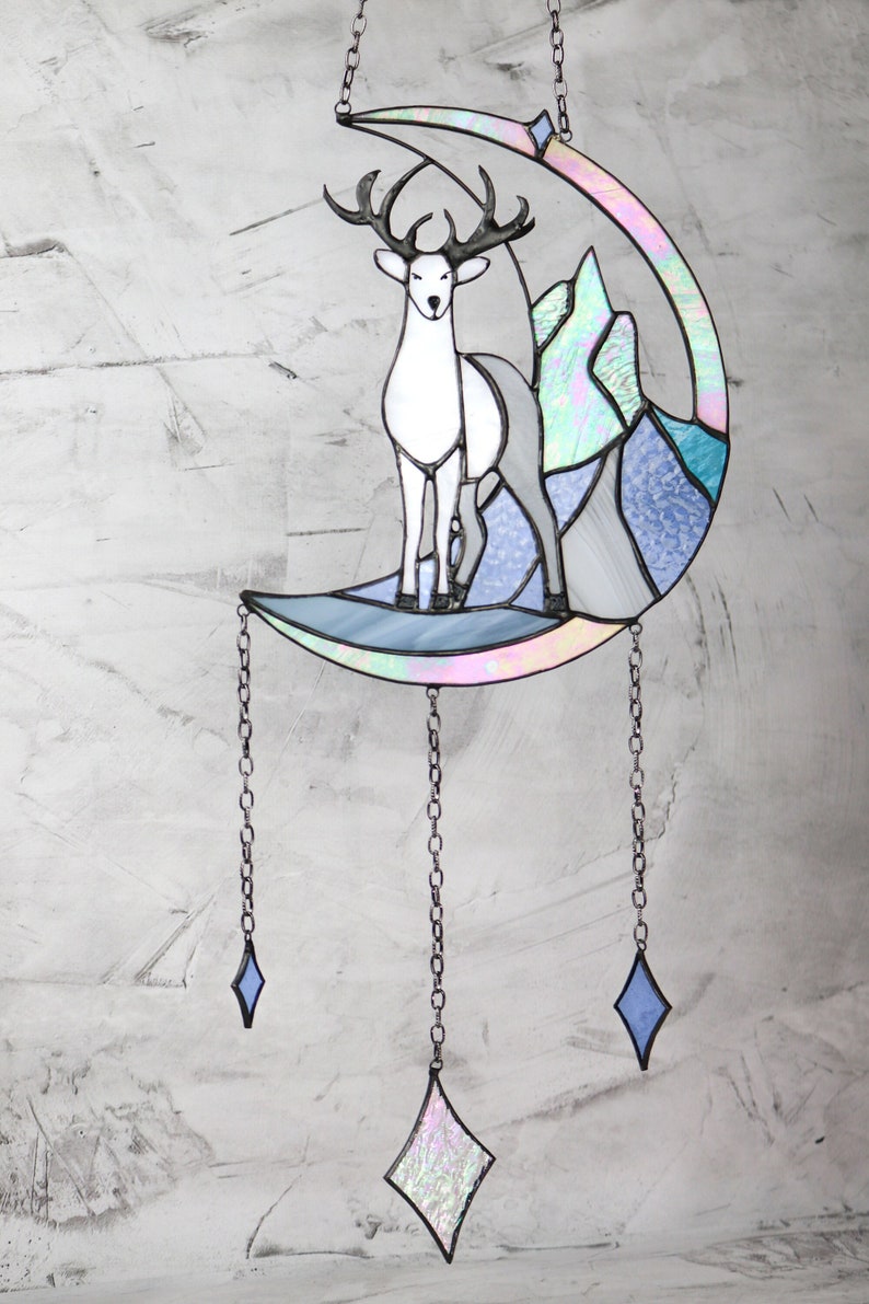 Suncatcher deer in mountains Dreamcatcher Stained glass panel Window Sun catcher animal Deer Christmas ornament Hanging wall Art image 1