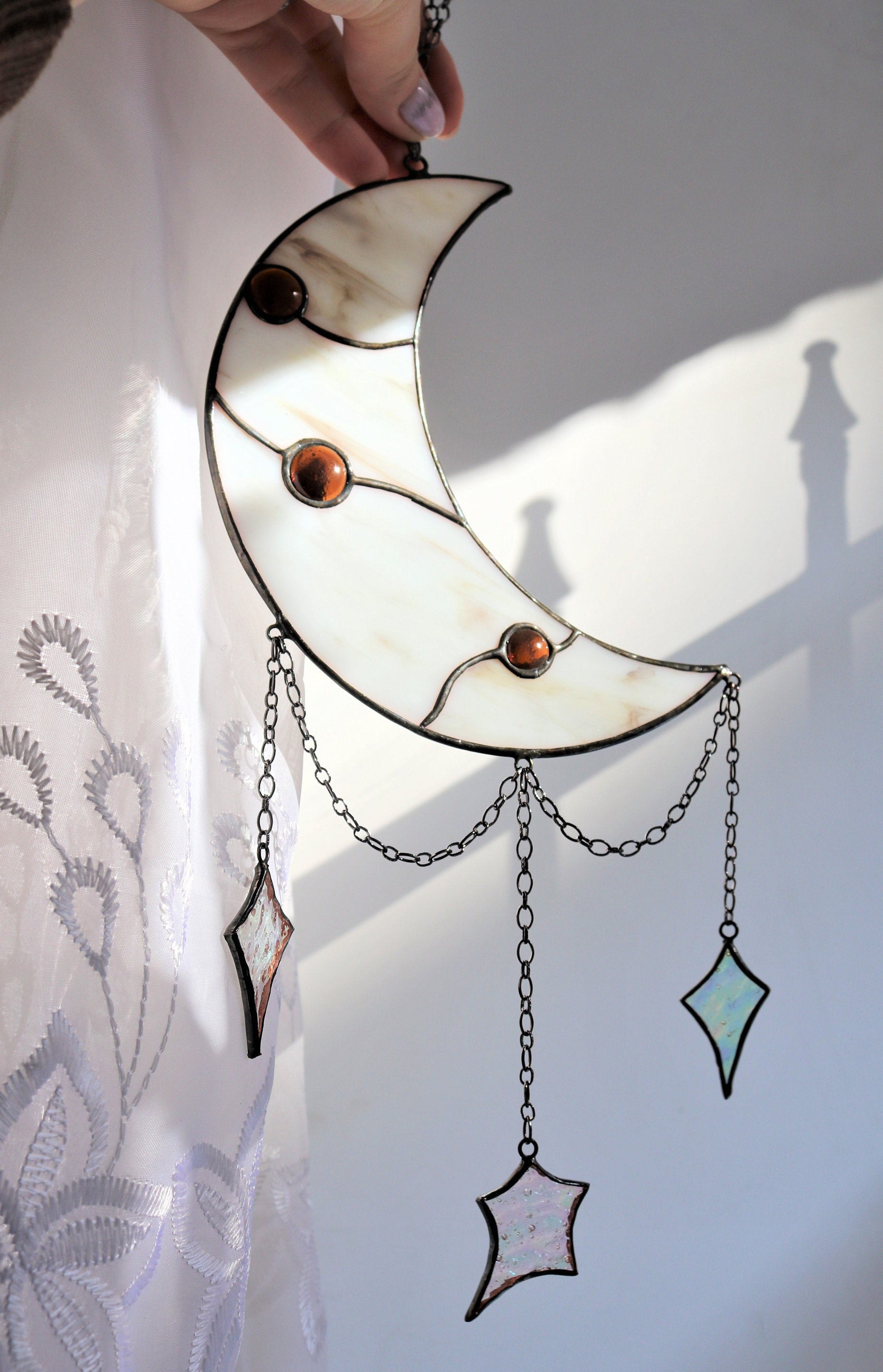 Stained Glass Moon Suncatcher With Stars Dreamcatcher Moon Etsy