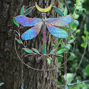 Suncatcher Dragonfly with moon and leaves Dreamcatcher Stained glass Window hangings Wall art decor Hand made Glass garden decor image 2