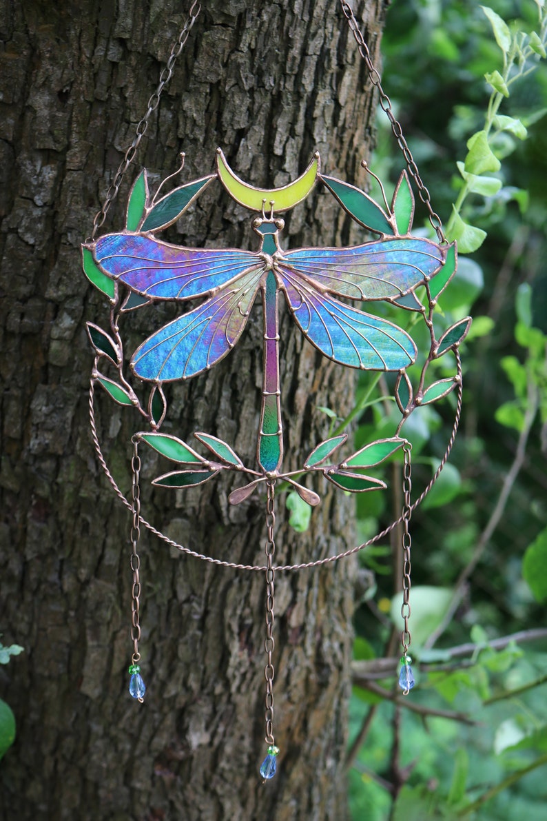 Suncatcher Dragonfly with moon and leaves Dreamcatcher Stained glass Window hangings Wall art decor Hand made Glass garden decor image 2