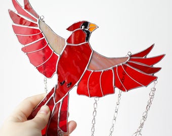 Suncatcher Сardinal bird Stained glass window hangings Christmas decor Gifts for friends Cardinal ornament Gifts for wife Glass wall art