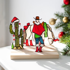 Stained Glass Cowboy Cactus Deer Cowboy art Western christmas Handmade Western decor Shelf decor Christmas decor Christmas gifts Unique gift