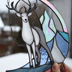 Suncatcher deer in mountains Dreamcatcher Stained glass panel Window Sun catcher animal Deer Christmas ornament Hanging wall Art image 9