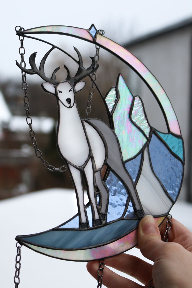 Suncatcher deer in mountains Dreamcatcher Stained glass panel Window Sun catcher animal Deer Christmas ornament Hanging wall Art image 9