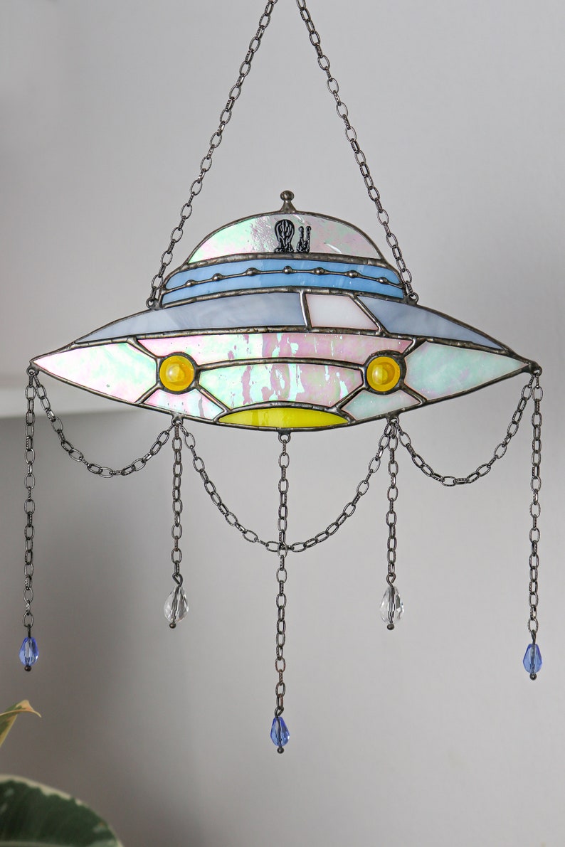 Dreamcatcher UFO Stained glass decor Suncatcher UFO Window panel Wall decor for a room UFO Art Cosmos art Unique decor image 9