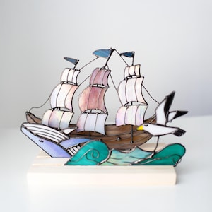 Stained Glass Ship Boat Whale Sun catchers Nautical Decor Unique home decor Iridescent Shelf decor Unique gift  Gifts for friends Ocean art