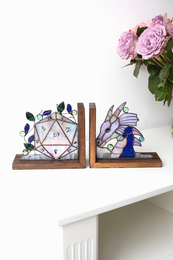Dragon bookends Stained Glass Book ends Unique bookends Home decoration Sun catcher Handmade Stained glass art Shelf decor