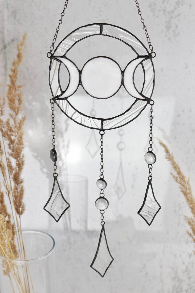 Dreamcatcher fases lunares vidrieras Suncatcher Decoración de pared para habitación Regalo hecho a mano imagen 6