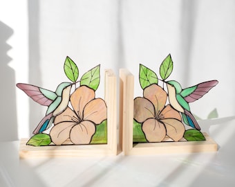 Hummingbird Book ends Stained glass Flowers Bird decor Book end Bookshelf decor Unique bookends Stain glass