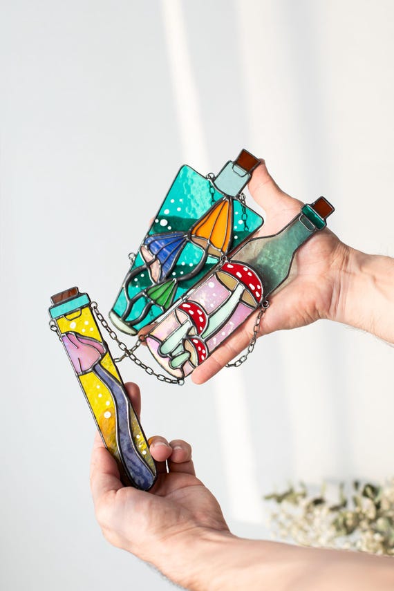 Suncatcher Bottle with Mushrooms Stained glass art Decorative bottle Sun catcher bottles Mushroom decor Suncatchers Cottagecore decor